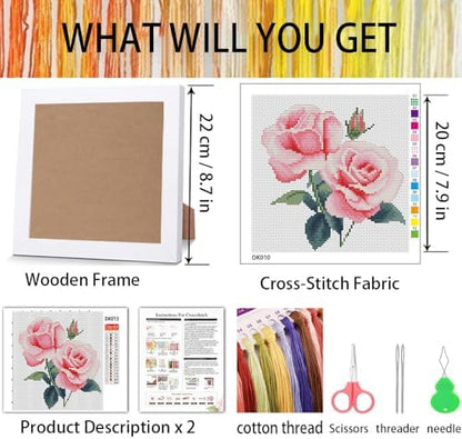 Pink Roses Stamped Cross Stitch Kits for Adult Beginner with Wooden Frame - Image 3