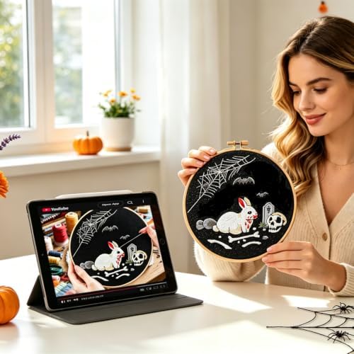 Halloween Embroidery Kits for Beginners Adults, Gothic Rabbit Embroidery DIY Kit, Halloween Cross Stitch Kits Needlepoint Kits for Beginners Adults Woman Gifts, Embroidery Hoop, Thread, Video Tutorial - Image 4