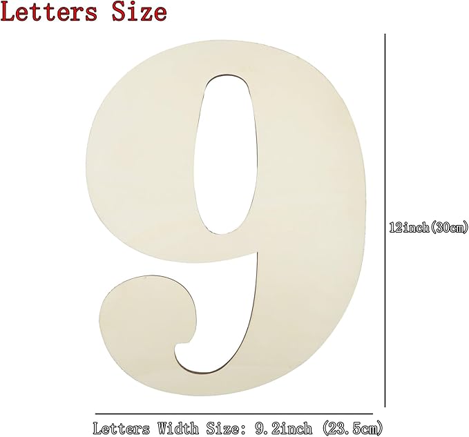 12 Inch Large Unfinished Wood Number, Paintable Unfinished Blank Wooden Numbers Board Unfinished Wood Slices for Birthday Wedding Graduate Party Wall Hang Decor - 9