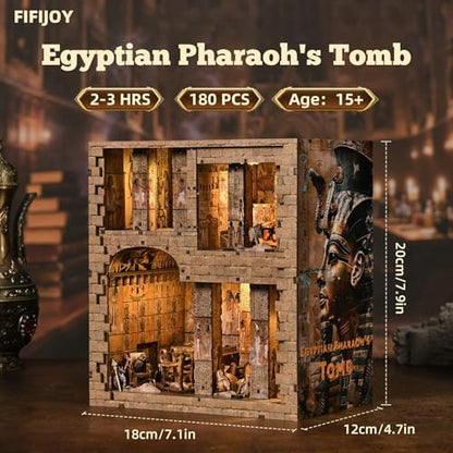 fifijoy Book Nook Kit - DIY Miniature Dollhouse for Adults and Teens, 3D Wooden Puzzle Booknook Tiny House Bookshelf Decor with LED Light, Gifts for Family, Friends (Egyptian Pharaoh’s Tomb) - Image 5