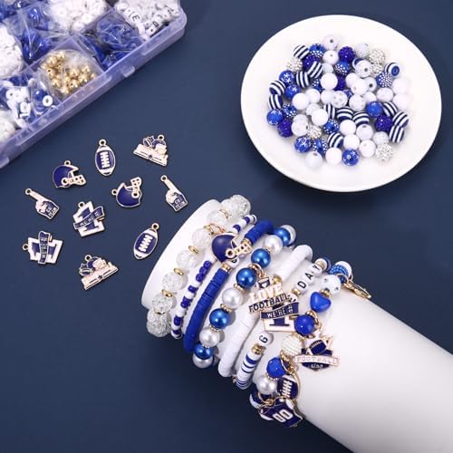 HSWE Game Day Beads Bracelet Kit Assorted Blue White Heishi Clay Pearl Letter Round Loose Beads Gold Spacer Beads with Sports Football Charms for DIY Bracelets Necklace Making - Image 6
