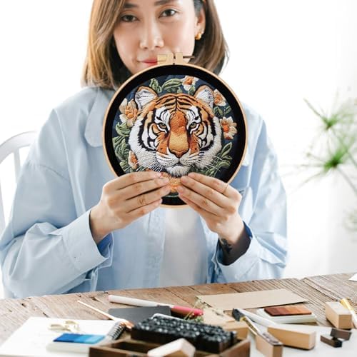 FONNUY Tiger Floral Embroidery Kit, Cross Stitch Kits for Beginners, Handmade Crafts with Printed Patterns for Beginner Adults, Easy to Follow Color Thread Needlework, 8'' Hoop - Image 6