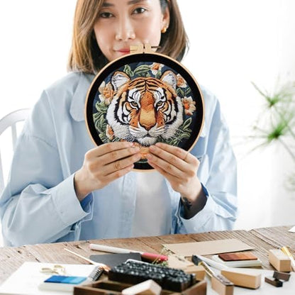 FONNUY Tiger Floral Embroidery Kit, Cross Stitch Kits for Beginners, Handmade Crafts with Printed Patterns for Beginner Adults, Easy to Follow Color Thread Needlework, 8'' Hoop - Image 6