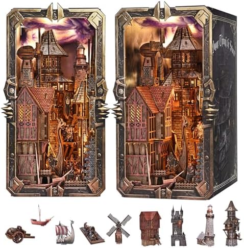 fifijoy Viking Book Nook Kit - DIY Miniature Dollhouse for Adults, Booknook Tiny House 3D Wooden Puzzle Bookend Bookshelf Decor with LED Light, Gift for Family, Friends (Voyage Through the Storm) by fifijoy