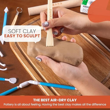 Wonks Air Dry Clay Pottery Kit for Adults & Kids - 30 Piece Kit - Acrylic Paint & Sculpting Tools Included - Carving Tools, Sponge & More - A Complete Beginners Pottery Set - 2KGs of Clay Included - Image 6