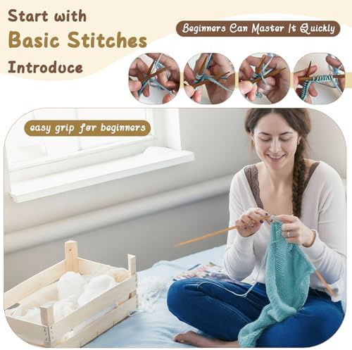 Maasechs Knitting Kits for Beginners Adults Complete Hat Knit Set with Yarn Bamboo Needles Starter Crochet Kit with Full Knitting Crochet Accessories for Women and Men(Blue) - Image 4