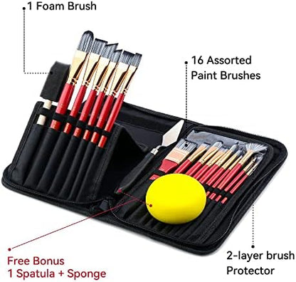 Transon 20Pcs Art Paint Brush Kit with Storage Case, 16 Brushes + Foam Brush Spatula Sponge for Acrylic Oil Watercolor Gouache, Adults Teens Beginners Art Supplies - Image 2