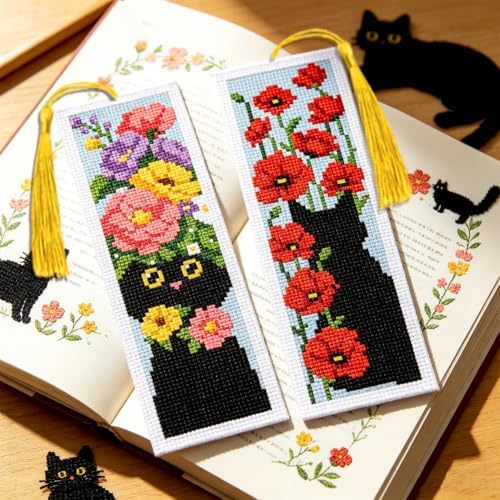 ACRNIGHEET 6PCS Cross Stitch Bookmark Kit for Beginner Stamped Cross Stitch Kits for Adults Cat & Floral DIY Tassel Embroidery Bookmark Kits Needlepoint Kit with Instructions Craft Gift 8.5''x3'' 11CT - Image 6