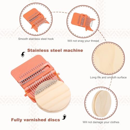 MECCANIXITY Mini Darning Loom, 14 Hooks Wood Weaving Knitting Machine with Knitting Needles for Repair Jeans Socks DIY Craft, Knit Patch Loom Weave Tool, Orange - Image 3