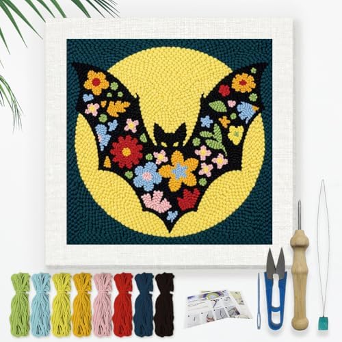 DOODLREAM Flower Bat Full Moon Needle Kit for Beginner, 9.4"x 9.4" Cartoon Halloween Punch Stitching Craft Set, DIY Embroidery Starter with Printed Frame, Instruction, Threader, Yarn, Punch Needle by Doodlream