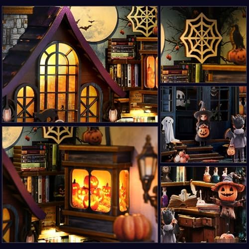 Halloween Book Nook Kit with LED, DIY Miniature House Dollhouse Kit for Adults and Teens, 3D Wooden Puzzle Booknook Tiny House Bookshelf Halloween Decorations, Gift for Family, Friends - Image 7