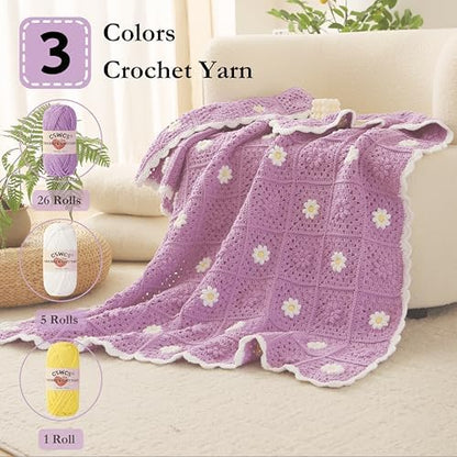 CSWCS Crochet Blanket Kit for Beginner, Purple Daisy Granny Square Throw Kit for Adults, Easy Learn How to Knitting with Yarn & Hook, Complete Starter Set with Step-by-Step Instructions (47'' x 39'') - Image 2