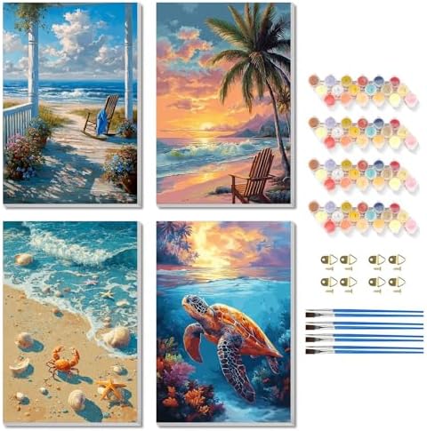 TBAIRO 4 Pack Framed Paint by Numbers Kit for Adults Beginner Beach DIY Painting Kits for Adults Sea Turtle Easy Adult Paint by Number Kits on Canvas for Wall Art Decor 8x12 Inch by Unknown
