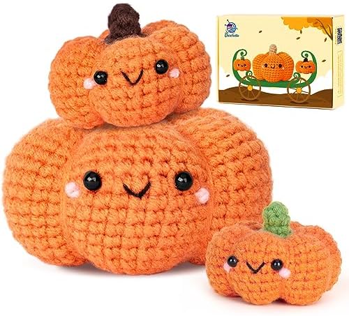 Crochetta Crochet Kit for Beginners, Crochet Starter Kit with Step-by-Step Video Tutorials, Crochet Animal Kits for Adults and Kids, DIY Craft Supplies, 3 Pack Halloween Pumpkins Family (40%+ Yarn) by Crochetta