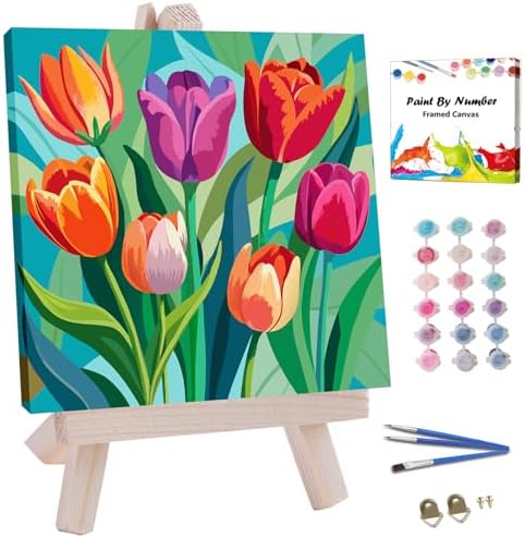 JUJUHOOD Tulip Flower Framed Paint by Numbers Kit for Adults Beginner & Kids Ages 8-12, Easy Paint by Number Without Easel, Simple Paint by Numbers for Gift Home Wall Decor (10x10Inch) by JUJUHOODDirect