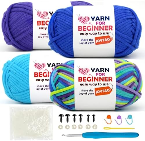 4 Pack Rainbow Beginner Crochet Yarn for Crocheting Knitting Multicolor Cotton Crochet Yarn for Beginners with Easy-to-See Stitches Cotton-Nylon Blend Easy Yarn for Beginners(Neon Green Blue) by JOYTAG