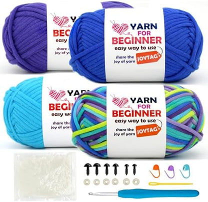 4 Pack Rainbow Beginner Crochet Yarn for Crocheting Knitting Multicolor Cotton Crochet Yarn for Beginners with Easy-to-See Stitches Cotton-Nylon Blend Easy Yarn for Beginners(Neon Green Blue) by JOYTAG