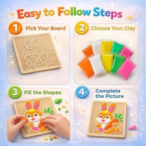 Air Dry Clay for Kids - Modeling Clay for Kids DIY Arts and Crafts Kit with 16 Soft Colored Magic Clay Bags & 2 Engraved Wooden Boards - Wooden Clay Picture Kit for Boys and Girls Ages 4-8 - Image 3