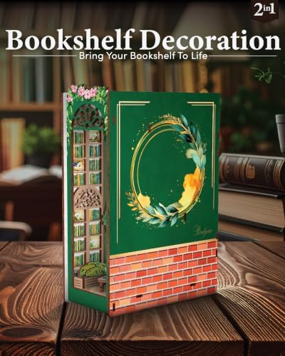 2-in-1 Book Nook Kit – Garden Library NOOKBOOX by ROSELYZIA – DIY Miniature House Craft Kit Dollhouse and 3D Wooden Puzzle with Color-Changing LED Light – Bookshelf Decor Gift for Adults & Teens - Image 2