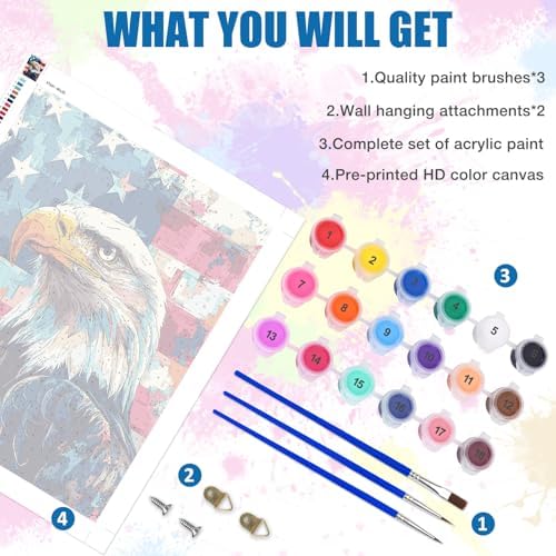 Lxmsja American Flag Paint by Numbers Kit for Adults, Bald Eagle Acrylic Paint by Numbers for Adults Beginner, DIY Craft Supplies Oil Painting Kits for Home Wall Decor 16x20 inch (No Frame) - Image 5