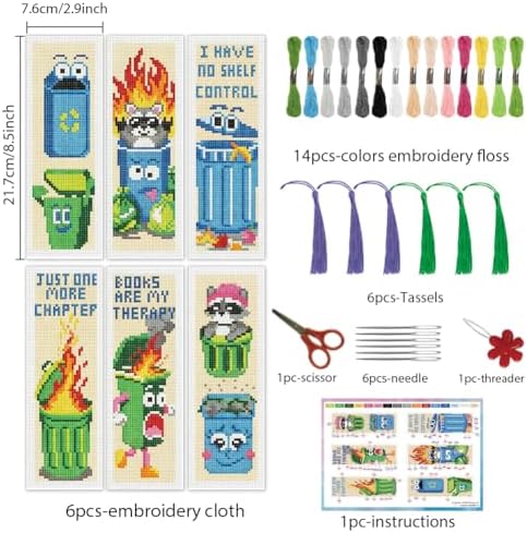 INFUNLY 6 Pcs Funny Trash Can Cross Stitch Bookmark Kit Raccoon Quotes Counted Embroidery Book Mark with Tassels, Complete DIY Cross Stitch Kit Thread Needles Scissors for Reading Gifts - Image 3
