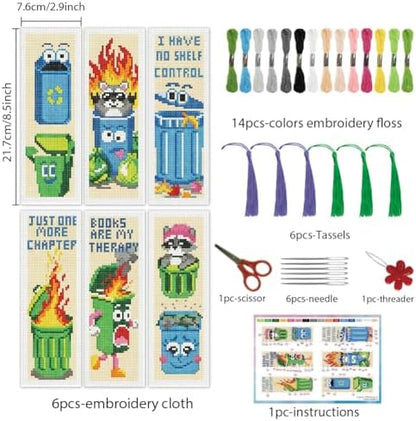 INFUNLY 6 Pcs Funny Trash Can Cross Stitch Bookmark Kit Raccoon Quotes Counted Embroidery Book Mark with Tassels, Complete DIY Cross Stitch Kit Thread Needles Scissors for Reading Gifts - Image 3