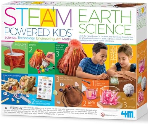 4M STEAM Earth Science Kit for Kids Ages 5+ — Geology STEM Toy with 5 Experiments Including Volcano Eruption, Crystal Growing & Fossil Excavation — Educational Science Gift for Boys & Girls by 4M