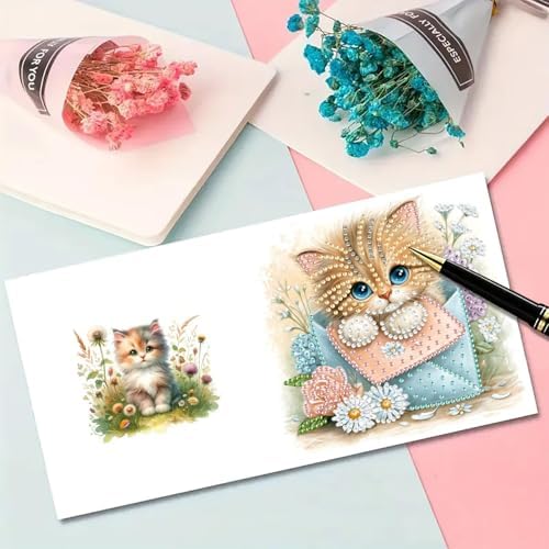 ARTopet 6Pcs Folding Greeting Card Diamond Art Painting Thank You Blessing Cards with White Envelope Rhinestones Painted Making Kits for Adults DIY Craft Holiday Gift-Cat02 - Image 6