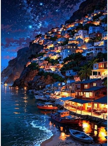 koemhxb Mediterranean Night Paint by Numbers Kit for Adults, Coastal Village Painting by Numbers, Adult Paint by Number Kits Suitable for Gifts and Interior Decor 16x20 Inch by Koemhxb