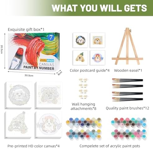 4 Pack Framed Paint by Numbers Kit for Adults Beginner with Wooden Easel, Funny Dog Easy Paint by Numbers with Frame, DIY Cute Animal Number Painting for Adults Canvas for Home Decor Gift 10x10 Inch - Image 4