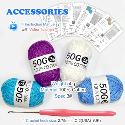zwzxd Beginner Crochet Kit: Cotton Thread, Hooks & DIY Dishcloth Tutorial （Cool Blue-Purple） - Image 3
