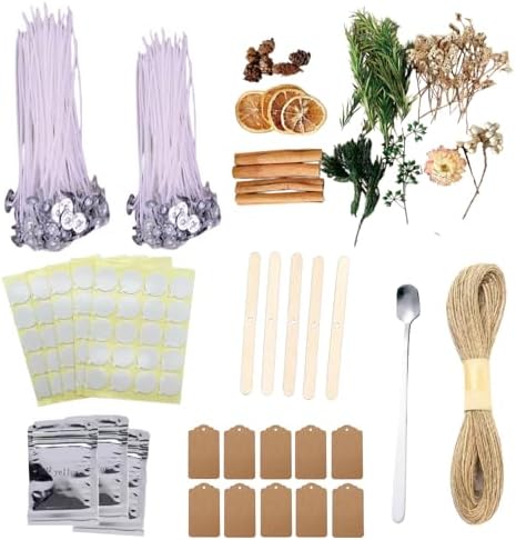 Candle Wicks for Candle Making 4in & 6in Pre-Waxed Cotton Wicks for Candles, Complete Candle Making Supplies with Color Dyes, Dried Flowers, Wick Holders, Wick Stickers for Adults & Beginners by Unknown