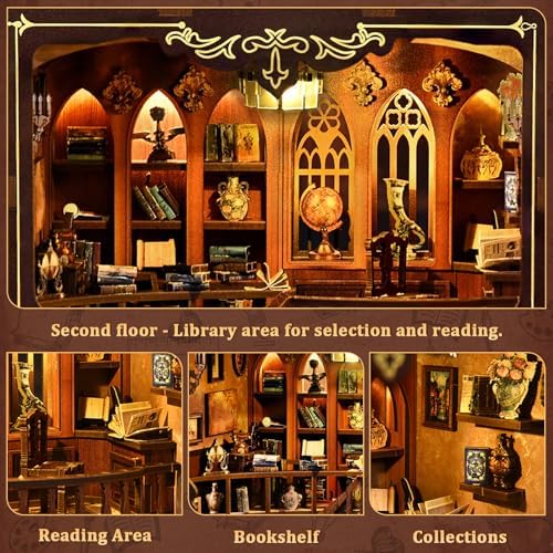 Book Nook Kit, DIY Miniature House Kit for Adults, Mini Ancient Rhyme Library Building Set, Tiny Dollhouse Book Nook Insert with Touch LED Lights, 3D Wooden Puzzle Bookshelf Decor, Craft Gift - Image 3