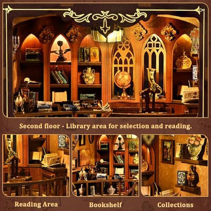 Book Nook Kit, DIY Miniature House Kit for Adults, Mini Ancient Rhyme Library Building Set, Tiny Dollhouse Book Nook Insert with Touch LED Lights, 3D Wooden Puzzle Bookshelf Decor, Craft Gift - Image 3