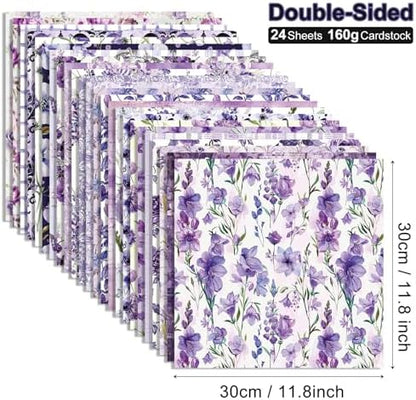 Purple Scrapbook Paper Vintage Flower Pattern Papers Pad 12×12,24 Sheets Double-Sided Spring Purple Floral Scrapbooking CardStock Paper Pad for Holiday Cardmaking DIY Junk Journal Papers. - Image 2