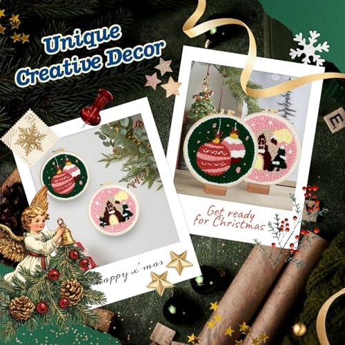 yuegool 2PCS Christmas Punch Needle Decoration Kit,Easy DIY Punch Needle Embroidery Kit for Beginners Adults Kids Including Patterns, Tools, Yarns, Hoop, Instruction, Bracket Art Craft Supplies - Image 5