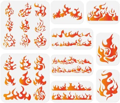 9Pcs Flame Craft Stencil for Painting on Wood Burning Plastic Reusable Flame Art Stencils Templates for Painting on Wall Floor Wood Fabric Furniture Glass by Doodlream
