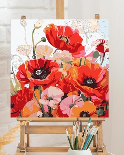 TOCARE Framed Paint by Numbers Kit for Adults Red Poppy Paint by Number Framed, Adult Paint by Number Kits on Canvas Framed Flowers for Home Wall Decor (10x10 Inch, Without Easel) - Image 5