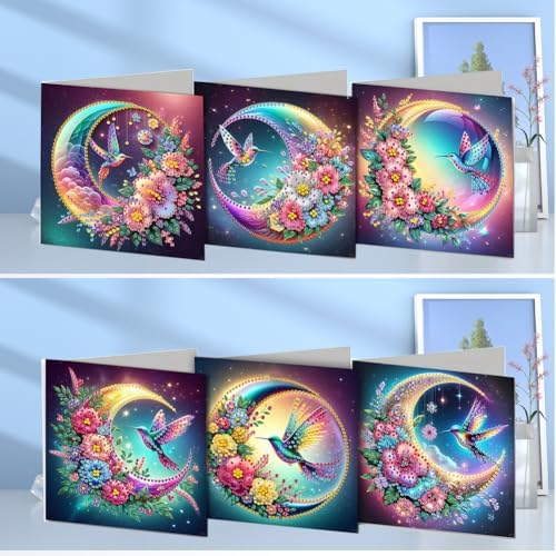 Diamond Art Cards with Envelopes–6PCS DIY Diamond Painting Greeting Cards Kit | Card Making Kit with Bling for Adults & Beginners | Birthday,Holiday & Thank You Cards (Hummingbird and Moon) - Image 2
