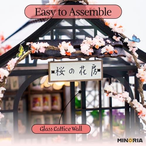 MINORIA Sakura Greenhouse DIY - Miniature House Building Kit-3D Wooden Cherry Blossom Dollhouse with Acrylic Dust Cover - LED Light - Image 5