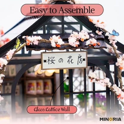 MINORIA Sakura Greenhouse DIY - Miniature House Building Kit-3D Wooden Cherry Blossom Dollhouse with Acrylic Dust Cover - LED Light - Image 5