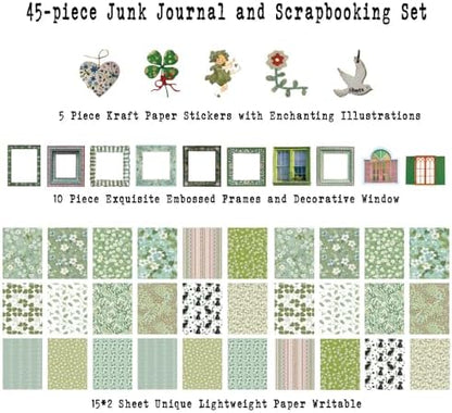 Diuhofart Scrapbooking Supplies Kit, 45 Pieces Green Aesthetic Junk Journal Kit with Scrapbook Paper, Embossed Collage Cards and Stickers for Journaling Supplies, DIY Art Craft, Collage - Image 5