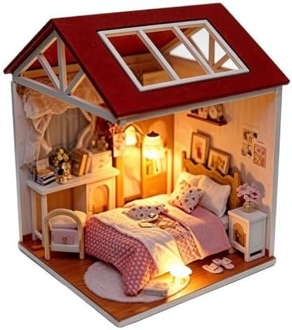 DIY Miniature House Kit with LED Light and Dust Cover, 3D Wooden Dollhouse Assembly Model Building Kit for Adults Teens, Creative Craft Project, Bookshelf Decor and Birthday Gift (Sweet Bedroom) by Unknown