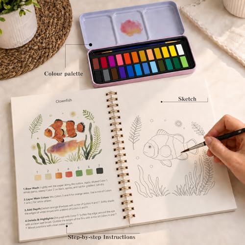 Watercolor Workbook - Water Coloring Book Set for Adults and Beginners, Water Colors Book 14 Ocean Animal 24 Color Watercolor Paint, 3 Brush Pens, 300g Watercolor Paper Gift for Art Lovers - Image 5