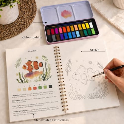 Watercolor Workbook - Water Coloring Book Set for Adults and Beginners, Water Colors Book 14 Ocean Animal 24 Color Watercolor Paint, 3 Brush Pens, 300g Watercolor Paper Gift for Art Lovers - Image 5