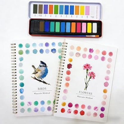 2Pcs Birds & Flowers Watercolour Workbooks for Beginners, Complete Art Kit with 12 Paints,Thick Bleed-Proof Paper, Spiral Bound Sketchbook, Portable DIY Art Creative Gift for Adults Teens by Unknown
