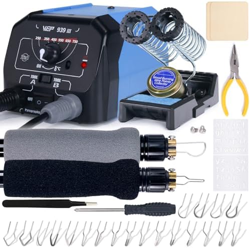 WEP 939-III Dual Pen Wood Burning Kit 34-in-1 with 20 Woodburning Tips Soft-Grip Pyrography Pen with 2 Stencils, 2 Unfinished Wood, 1 Pen Holder Professional Wood Burner Tool by WEPTOOLS