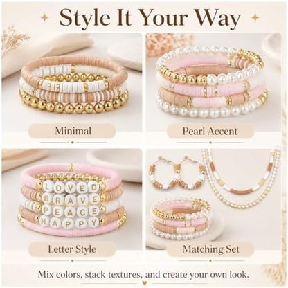 Believo Polymer Clay Beads Kit for DIY Jewelry with Elastic Cord, Colorful Flat Heishi Beads and Spacer Pieces – Ideal for Friendship Bracelet & Necklace Making (Camel Pink White 24) - Image 5
