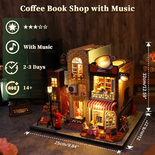 DIY Miniature House Kit, Coffee Shop Miniature Dollhouse Kit, Cafe 3D Wooden Puzzles with LED Music Dustproof Covers, Dollhouse Handmade Craft Model, Bookshelf Decor Birthday Gift for Adults - Image 2
