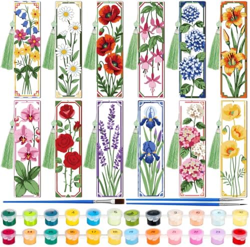 Kosiz 12 Pcs Flower Paint by Number Kit for Adult Wood Bookmark by Kosiz